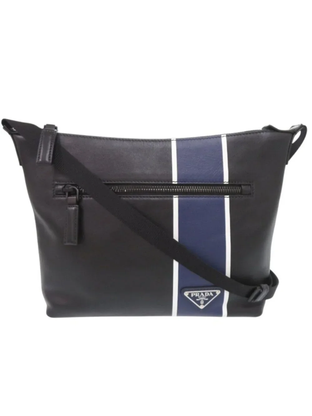 Prada Triangle Logo Leather Black Blue Shoulder Bag